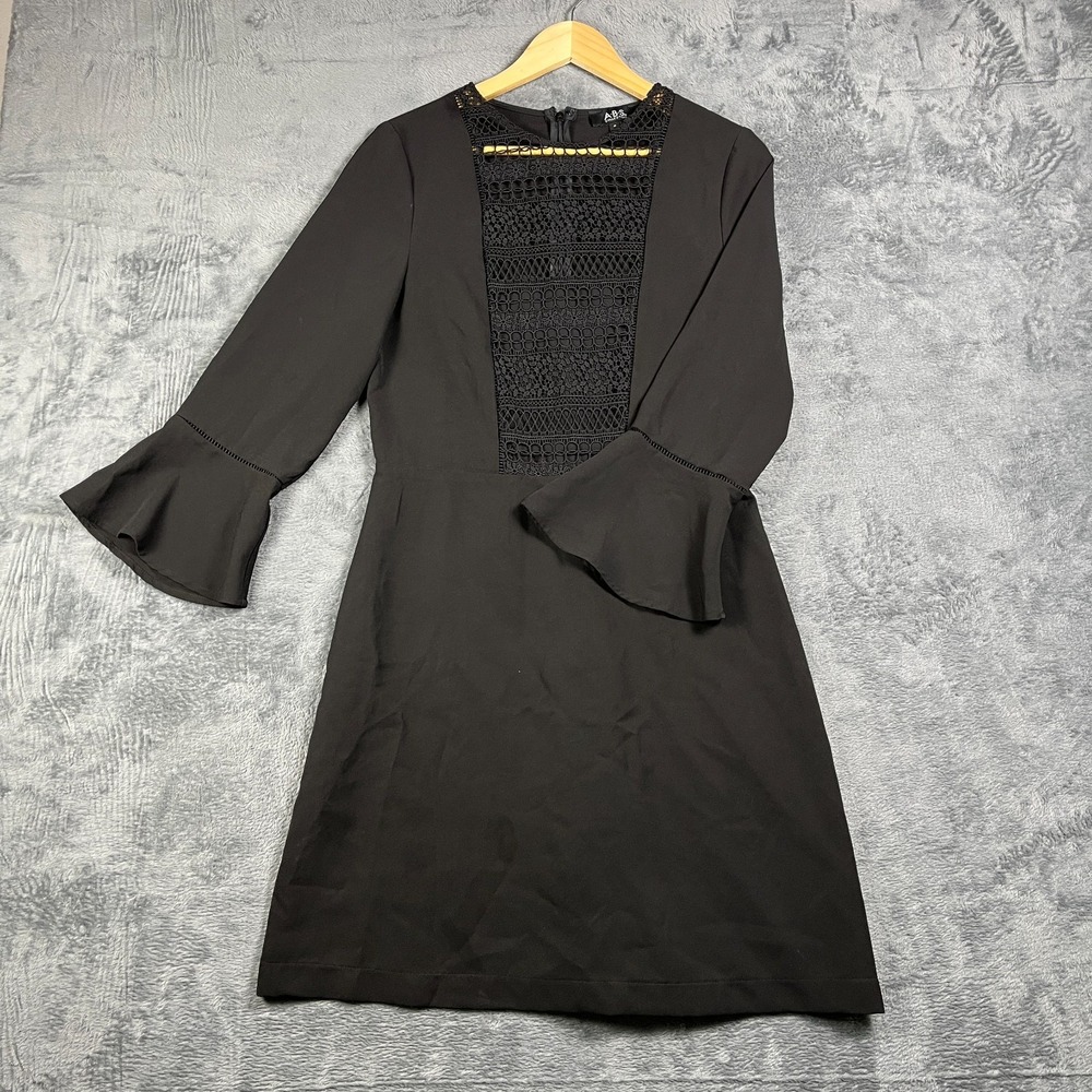 A.B.S. Collection Dress Womens 8 Black Lace Panel Flared Bell Sleeve Back Zip